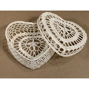 Crocheted Heart Trinket Box Lid Jewelry Organizer Vanity Beige Boho Shabby Chic